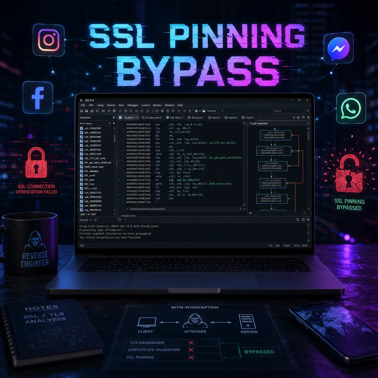 SSL pinning iOS diagram - certificate pinning flow in Instagram, Threads, Facebook, and Snapchat